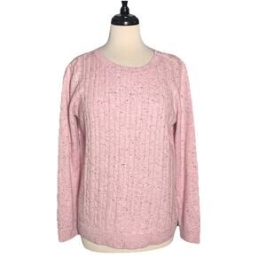 TALBOTS Sweater Women's M Pink Blue Fleck Cable Knit Cotton Crew Neck Coastal
